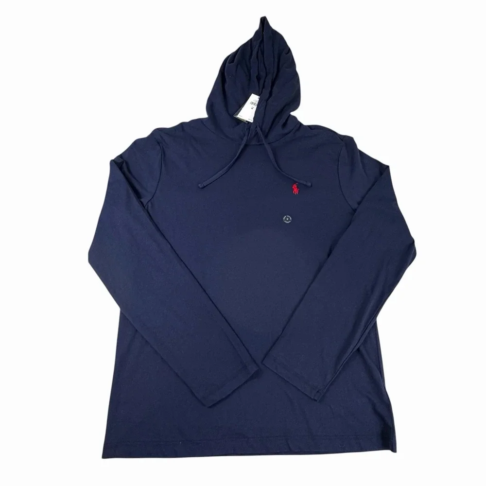 Polo Ralph Lauren Men's Medium Navy Blue Jersey Hooded T-Shirt Pony Hoodie NWT